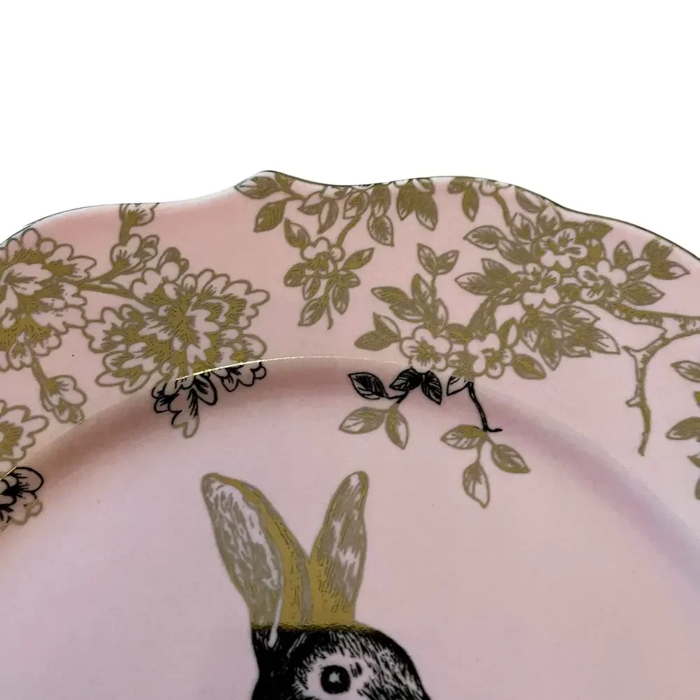 222 Fifth Pink Gold Bunny Hill 10.75” Porcelain Dinner Plates Easter Set/4 New